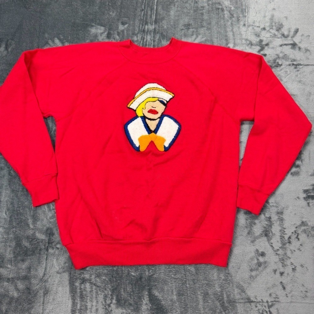 Vintage USA 80s Pannill Sweatshirt Co‎ Red Sailor Girl Patch Raglan Pullover XL